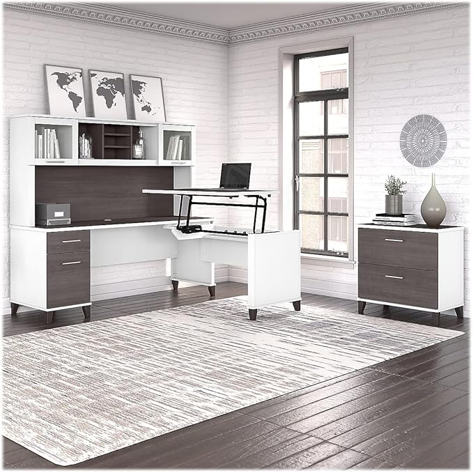 Bush Home Somerset 72W 3 Position Sit to Stand L Shaped Desk with Hutch and File Cabinet in White and Storm Gray