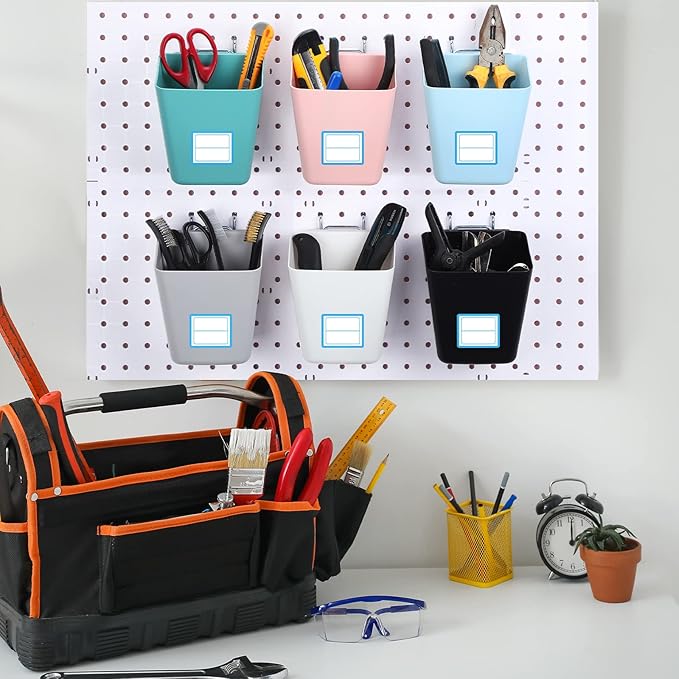 Namalu 12 Pack Peg Board Storage Bins with Labels and Hooks Square Box Shape Pegboard Cup Holder Accessories Pegboard Organizer for Craft Room Wall holder Workbench(4.7 x 4 x 5 Inch, Colorful)