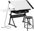 HomGarden Height Adjustable Drafting Desk Drawing Table Art Craft Work Station w/Stool, Power Outlet and Storage Drawers for Home Office Study Room, White