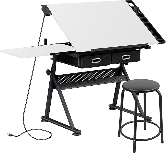 HomGarden Height Adjustable Drafting Desk Drawing Table Art Craft Work Station w/Stool, Power Outlet and Storage Drawers for Home Office Study Room, White