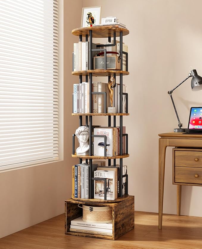 Kalrin 5 Tier Rotating Bookshelf with Extra Storage Cabinet, 360°Spinning Corner Bookshelf, Floor Standing Bookcase for Kids & Adult, Narrow Book Shelf for Bedroom Living Room, Vintage Brown