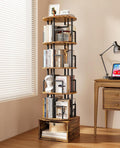 Kalrin 5 Tier Rotating Bookshelf with Extra Storage Cabinet, 360°Spinning Corner Bookshelf, Floor Standing Bookcase for Kids & Adult, Narrow Book Shelf for Bedroom Living Room, Vintage Brown