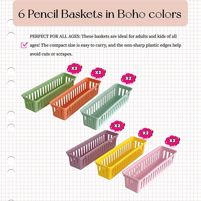 RAUVOLFIA 12 Pack Classroom Pencil Organizer Pencil Basket or Crayon Basket, Small Pencil Holder Tray for Kids Desks (Boho)