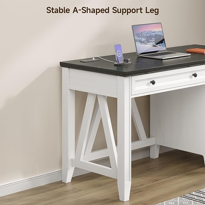 ONBRILL 54 Inch Farmhouse Executive Desk, Computer Desk with Drawers, Home Office Desk with Charging Station, for Working Studying Writing, White