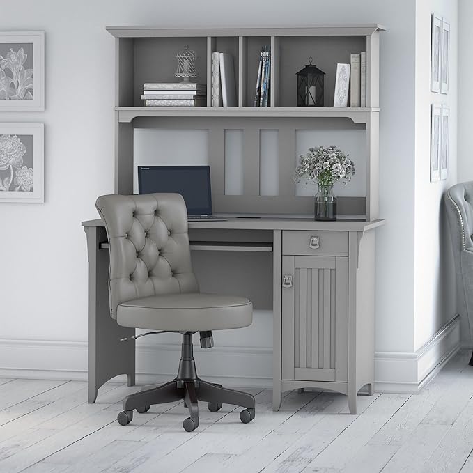 Bush Furniture Salinas 48W Computer Desk with Hutch and Mid Back Tufted Office Chair in Cape Cod Gray