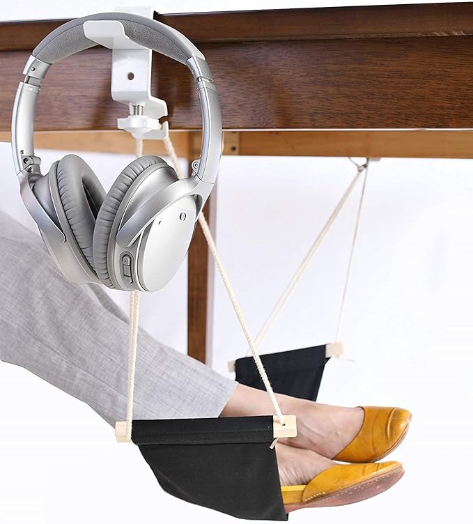 Foot Hammock Under Desk Footrest with Headphone Holder Adjustable Office Foot Rest Under Desk Hammock Portable Desk Feet for Most Desk - Black