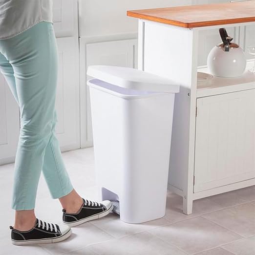 Sterilite 11.9 Gallon Rectangular Step On Kitchen Plastic Indoor Wastebasket with Wide Opening Lid and Comfort Handle for Home, White (12 Pack)