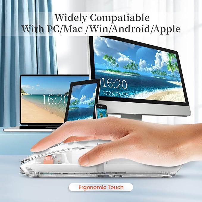 A.JAZZ Wireless Bluetooth5.1&2.4G Mini Lightweight Mouse,Transparent Clear Cool,Rechargeable Silent Computer Mice,Nano USB C Receiver,LED Battery Magic Silm for Office/PC/Mac/Laptop/Apple/ipad(White)