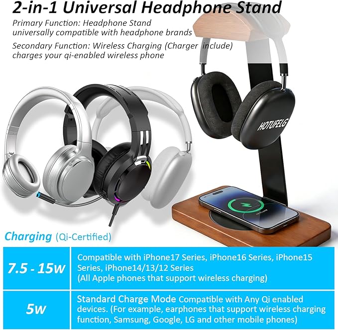 Solid Wooden Headphone Holder, Universal Headset Stand with Wireless Charger for Desk, Wireless Charger Headphone Holder for Gaming Desk Compatible with iPhone Samsung (Black)