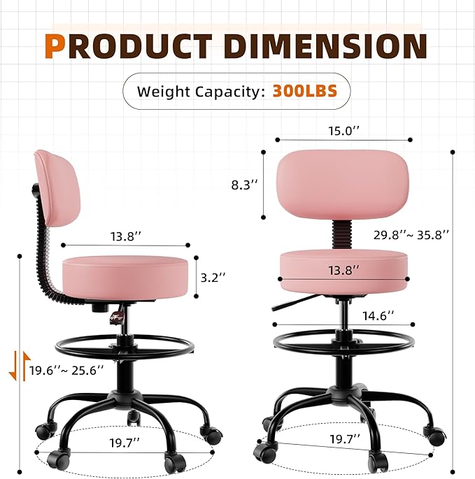 Drafting Chair with Back, Adjustable Foot Rest Rolling Stool (2, Pink)