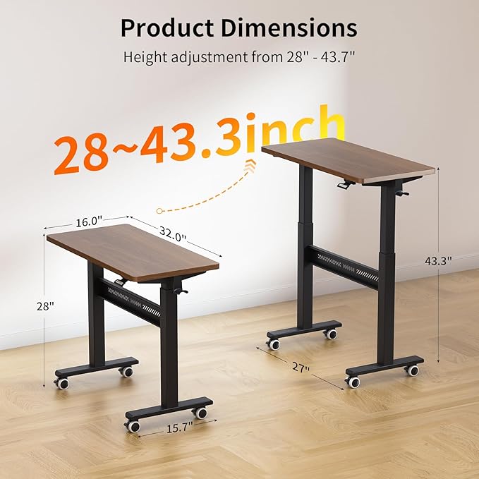 WALKINGDESK Mobile Walking Pad Desk with Wheels, Pneumatic Small Rolling Standing Desk Riser Height Adjustable (28-43.7") for Treadmill, Portable Computer Table for Home Office, Black Walnut