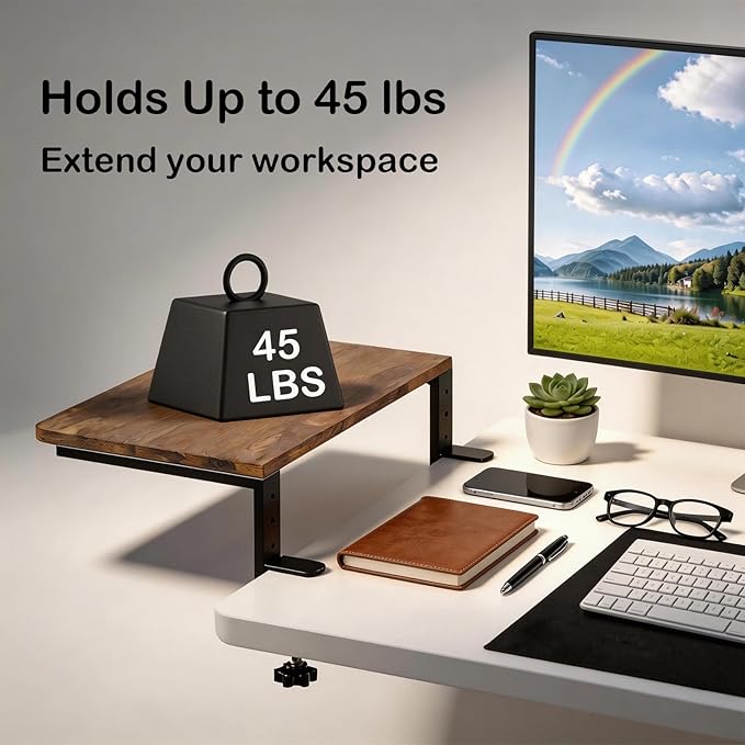 Desk Extender, 15-inch Desk Clamp Shelf, Height Adjustable Desktop Organizer for Office, Game Room, Kitchen and Studio (Brown)