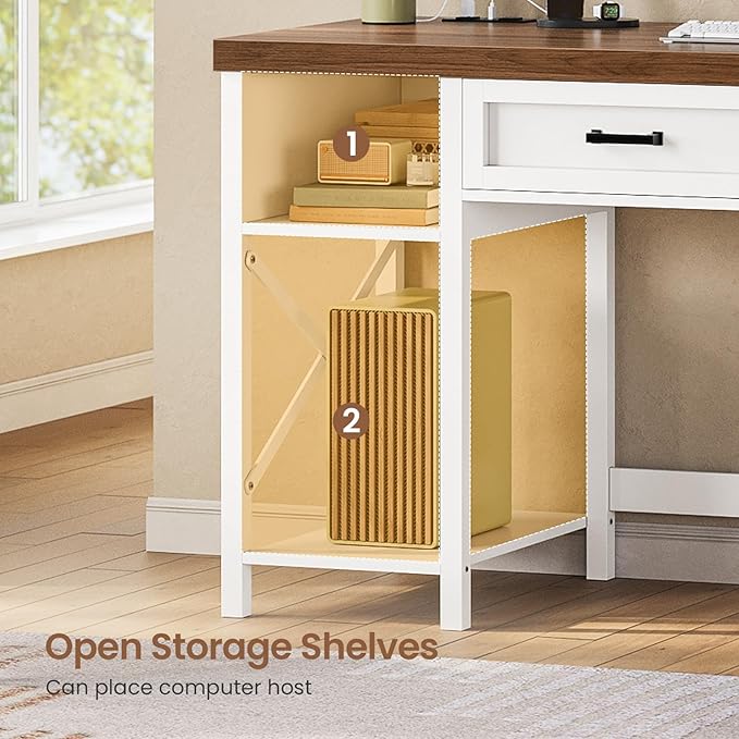 SEDETA Farmhouse Small Desk with Drawers, 40" Computer Desk with Storage Shelves, White Writing Desk for Small Space and Power Outlet, Desk for Bedroom, Home Office