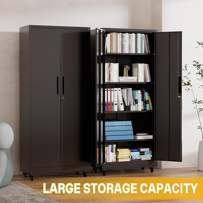 Metal Storage Cabinet with Wheels, 74.5" Garage Storage Cabinet with 4 Adjustable Shelves & Lockable Doors, Heavy Duty Garage Cabinets for Office, Home, Garage, Gym, School