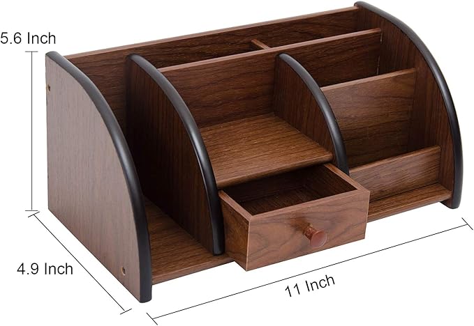 Cherry Brown Wood Desktop Organizer Multiple Compartments Stepped Racks Drawer Shelf Tabletop Storage Cabinet Stationery Holder Office Accessory Supplies Caddy Sorter Home