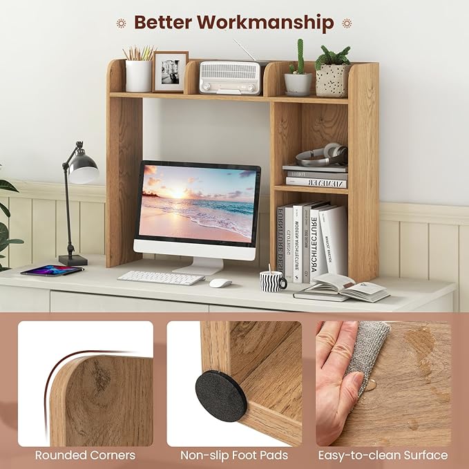 Desktop Bookshelf, 3-Tier Desk Hutch Shelf with 5 Display Rack for Computer Desk, Desk Organizer Shelves for Top of Desk, Dorm, Home, Office (Natural)
