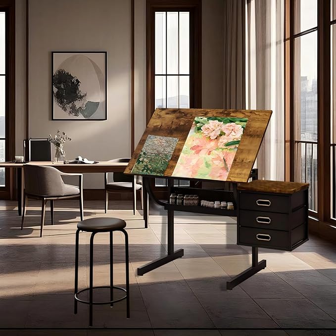 Drafting Table, Tilting Tabletop Artist Desk w/3 Storage Drawers & Stool, Craft Drawing Table for Painting, Sketching, Home Office, Art Studio, Classrooms (Wood+Black)
