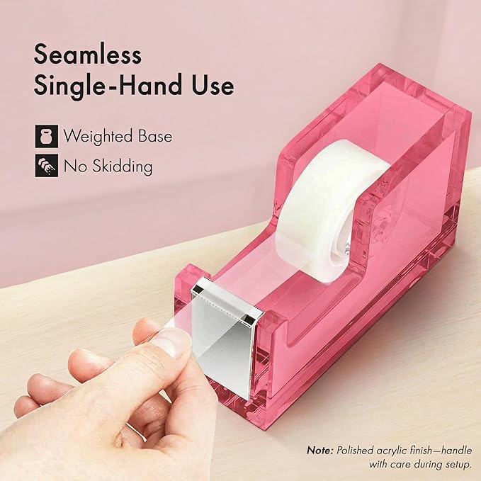 OfficeGoods Acrylic Tape Dispenser – Modern Desk Organizer for Office Supplies, Heavy Duty Refillable Tape Holder for Home and School Crafting, Stylish Desktop Accessory for Gift Wrapping, Pink