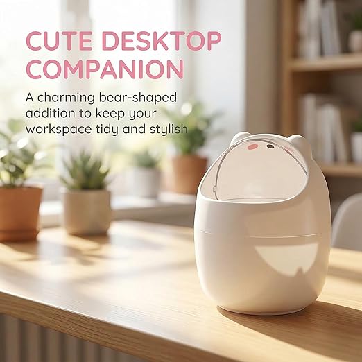 Yesland 2 Pack Desktop Mini Trash Bin with Swing Lid, Cute Bear Plastic Wastebasket Trash Can Countertop Garbage Storage Bucket for Home, Office, Kitchen, Vanity Tabletop, Bedroom, Grey & White