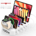 [2026 Upgrade] 190W Fast Charging Station for Multiple Devices【Certified Safer Charging】 6 Port USB Charger Station - Multi-Device Charging Dock with Phone/MacBook/iPad/Tablet (8 Mix Cables Included)