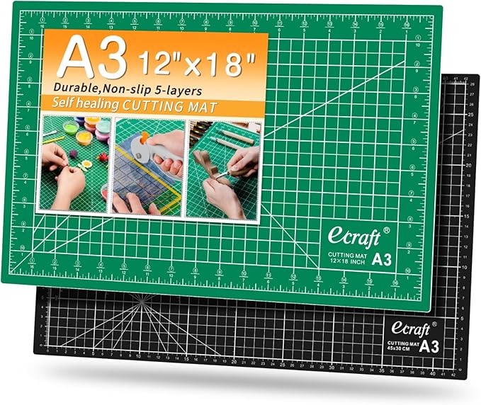 Ecraft Self-Healing Cutting Mat 12x18 Inch, Double-Sided 5-Ply Gridded Rotary Cutting Board, Non-Slip Surface for Sewing, Quilting & Crafts, Green/Black