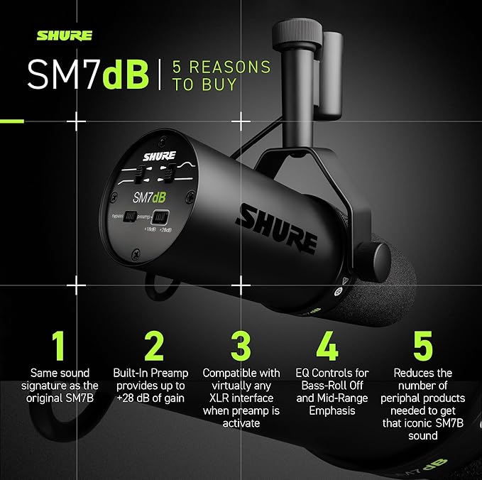 Shure SM7dB Dynamic Vocal Microphone with Built-in Preamp – Studio Mic for Streaming, Podcasting, and Recording – Smooth Sound, Wide Frequency Range, Rugged Build, Windscreen Included, XLR, Black