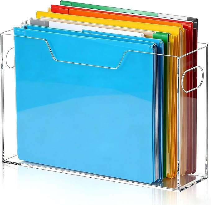 Acrylic File Organizer, 12.2 x 3.5 x 9.6 Inch Clear Hanging Folder Organizer with Handle Lightweight Slim Desktop File Storage for School, Office, Home