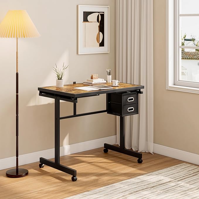 Drafting Table Art Table on Wheels with Storage Drawers & Side Trays - Adjustable Drawing Table Tilted Tabletop, Crafting Desk with Storage for Artist Painters Home Office (Black D)