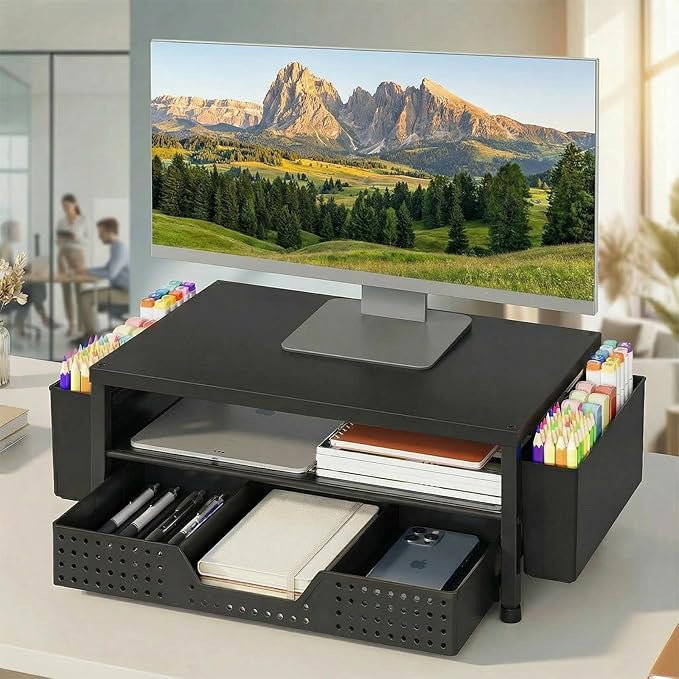ECOLOVI Desk Organizer and Accessories, 2-Tier Computer Monitor Stand Rise with Storage Drawer & 2 Pen Holders, Laptop & Printer Stand for Desktop, Workspace Organizers for Office Supplies (Black Wood)