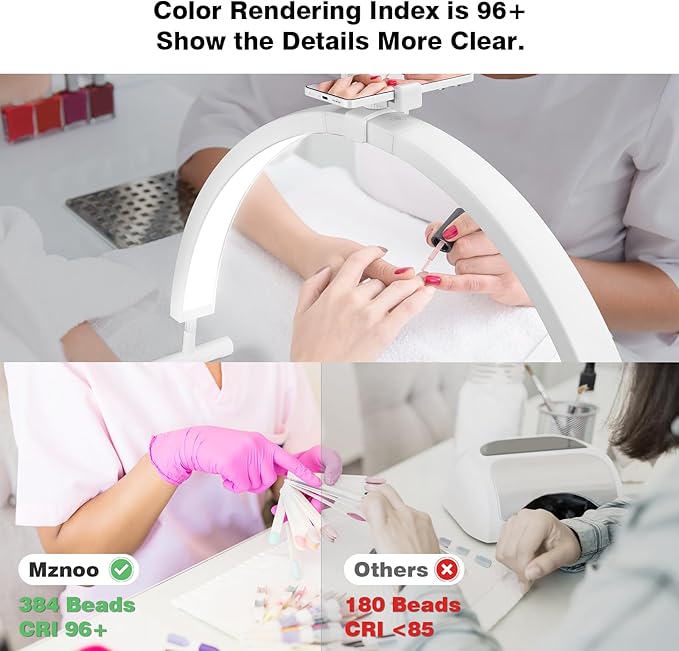 Mznoo Half Moon Light for Nail Desk, 30'' Large Half Moon Desk Lamp with Phone Holder, Professional Nail Tech Light with 3 Color Modes and 5 Brightness for Manicure Salon and Handicraft (White)