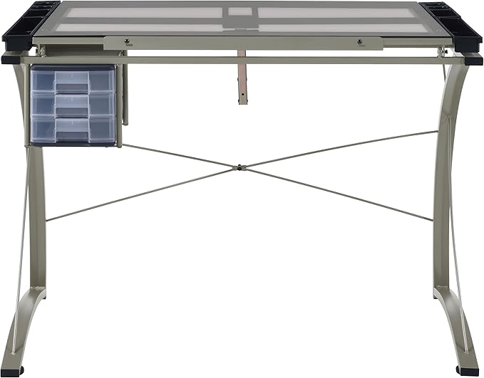 Coaster Home Furnishings - Melo - Metal and Glass - 41-Inch Drafting Table with Adjustable Pitch, Three Drawers, Retractable Pencil Ledge and Storage Compartments - Home Office - Silver - 800986