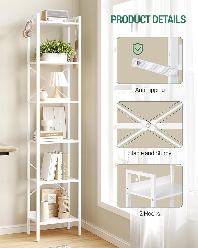 Hzuaneri Bookshelf, Book Shelf, Industrial Bookcase with 2 Hooks, Coner Shelf Storage Organizer for Home Office, Living Room, Bedroom, Kitchen, 6-Tier White BC10713W