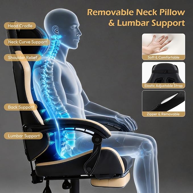 Ergonomic Gaming Chair for Adults with Footrest - PU Leather Computer Gamer Chair with Memory Foam Headrest & Lumbar Pillow, Reclining Silla Gamer Video Game Chair for Home Office, Black & Yellow