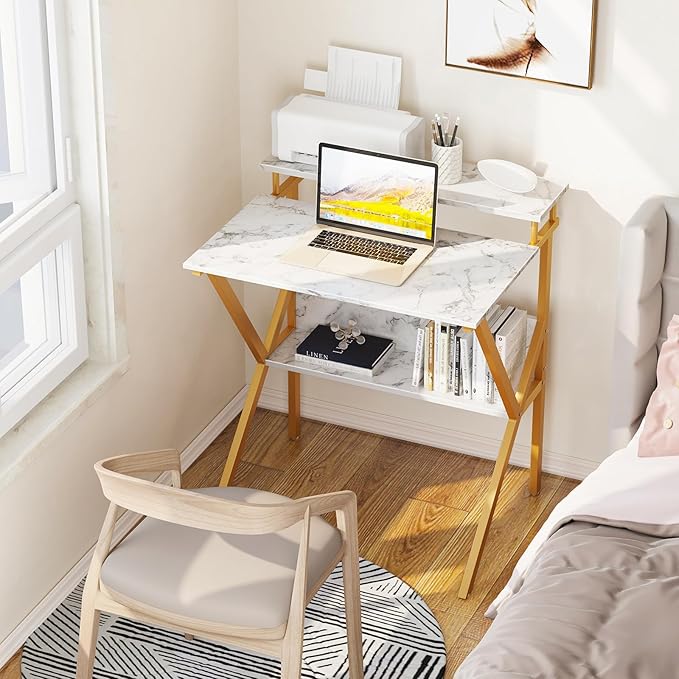 ODK Small Desk, 27.5 Inch Computer Desk for Small Spaces, Study Desk with Storage & Monitor Stand, White Marble + Gold Leg