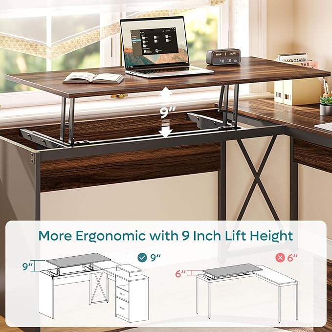 Bestier L Shaped Standing Desk with Lift Top, 55" x 55" Standing Corner Desk for Home Office, Computer Desk with Reversible File Drawer and Monitor Stand, Walnut