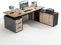 SAINTCY 78.74In L Shaped Executive Standing Desk with Drawers, Large Modern Adjustable Heigh Home Office Desk w/Universal Charging Ports, Business Workstation, Black and Warm Oak