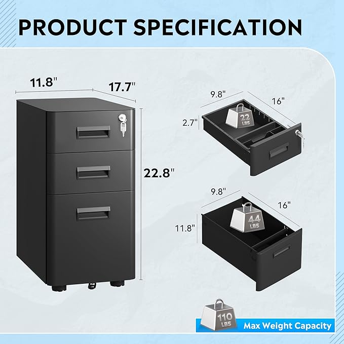 DEVAISE 3 Drawer Mobile File Cabinet with Lock, Under Desk Metal Filing Cabinet for Home Office Fits Legal/Letter/A4 Size, Fully Assembled Except Casters, Black