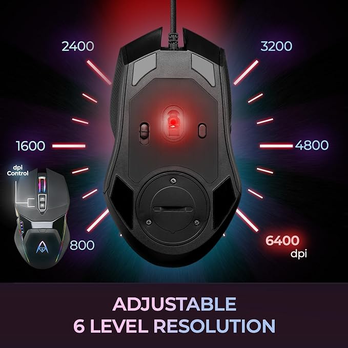 Adesso iMouse X5 USB RGB Illuminated Gaming Mouse – 7 Buttons, Adjustable Weight, 6 Level DPI Switch up to 6400, Optical Sensor, Ergonomic Design for Right-Handed Gamers, Multi-Color LED Backlight
