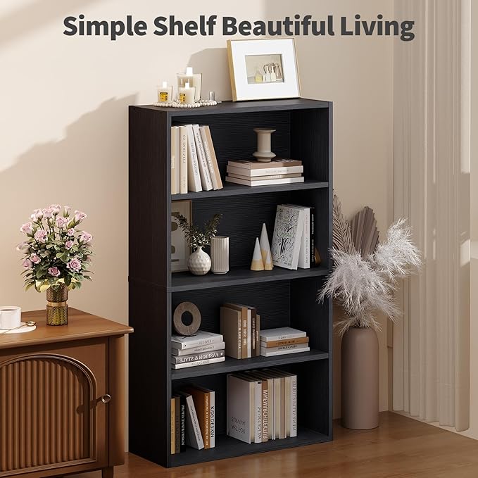 Sweetcrispy Industrial 4 Shelf Bookcase - Large 42.1 Inch Tall Floor Standing Open Bookshelf for Home Office, Living Room, and Bedroom Storage, Classic Black