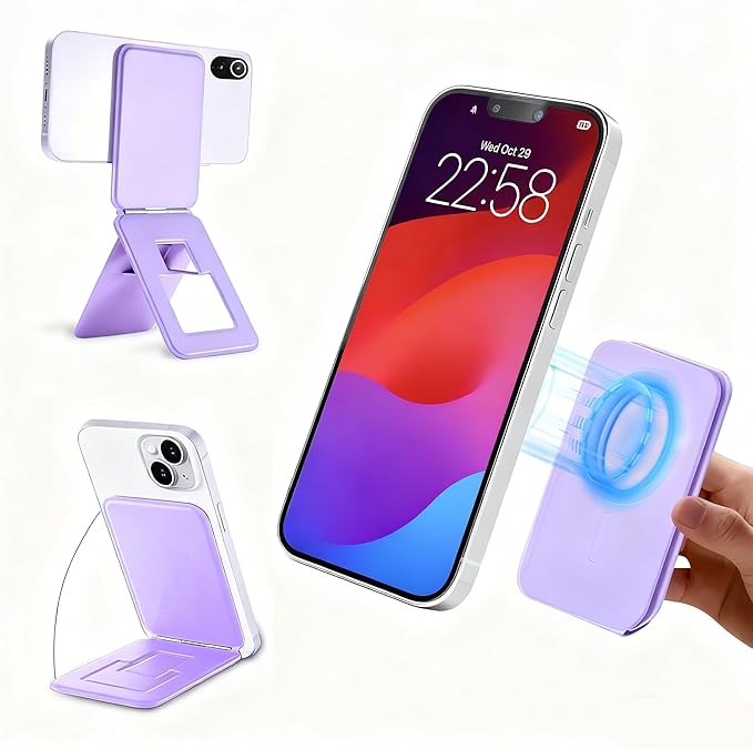 Magnetic Phone Stand, Compatible with All Smartphones 17/16/15/14/13/12 Series, Slim PU Leather Desk Stand with Multi-Angle Adjustment, Portable & Includes 1 Strong Magnetic Ring for Any Phone(Purple)