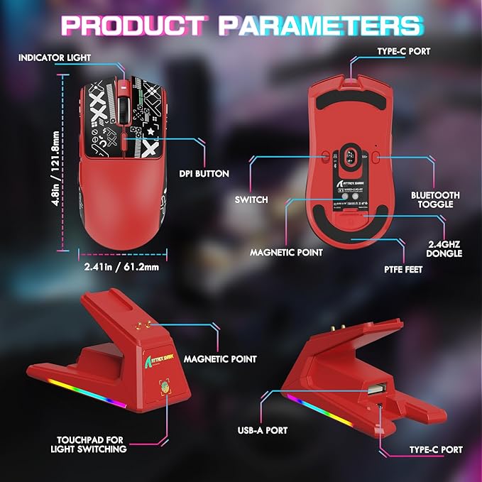 ATTACK SHARK X1 Ultralight Wireless Gaming Mouse with Magnetic RGB Charging Dock,Anti Slip Grip Tape,PixArt PAW3395 Pro Sensor,40000DPI,BT/2.4Ghz/Wired,Optical Micro Switch for PC Mac Gamer(Red)