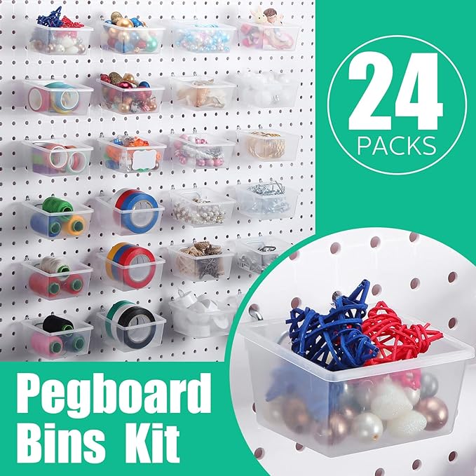 Unittype 24 Set Clear Peg Board Baskets and Bins Pegboard Baskets Organizer Accessories Peg Board Bins with Hooks Sticker Label and Pen for Office Wall Teacher Craft Supplies Garage Tool Storage