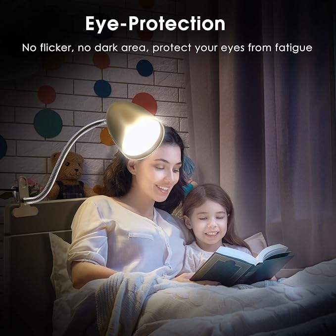 E ENERGETIC LIGHTING Clip on Light for Bed, Non-Dimmable Clip on Reading Light for Bed, 4000K Cool White, 3.5W 240 LM Desk lamp with clamp, Eye Protection, ETL Listed, Gold