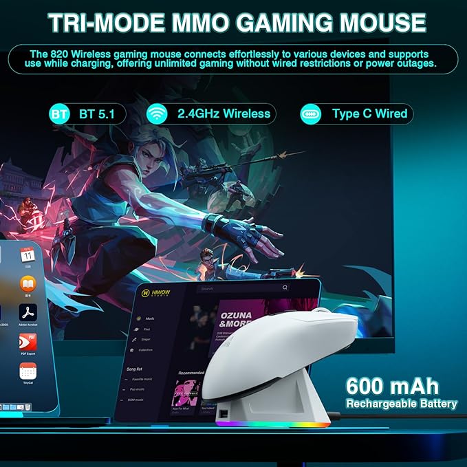 SOLAKAKA SM820 Wireless Gaming Mouse with RGB Charging Dock,24000 DPI Tri-Modes Wireless Mouse with 2 Side Buttons,Programmable Macro Mouse for Gaming(White)