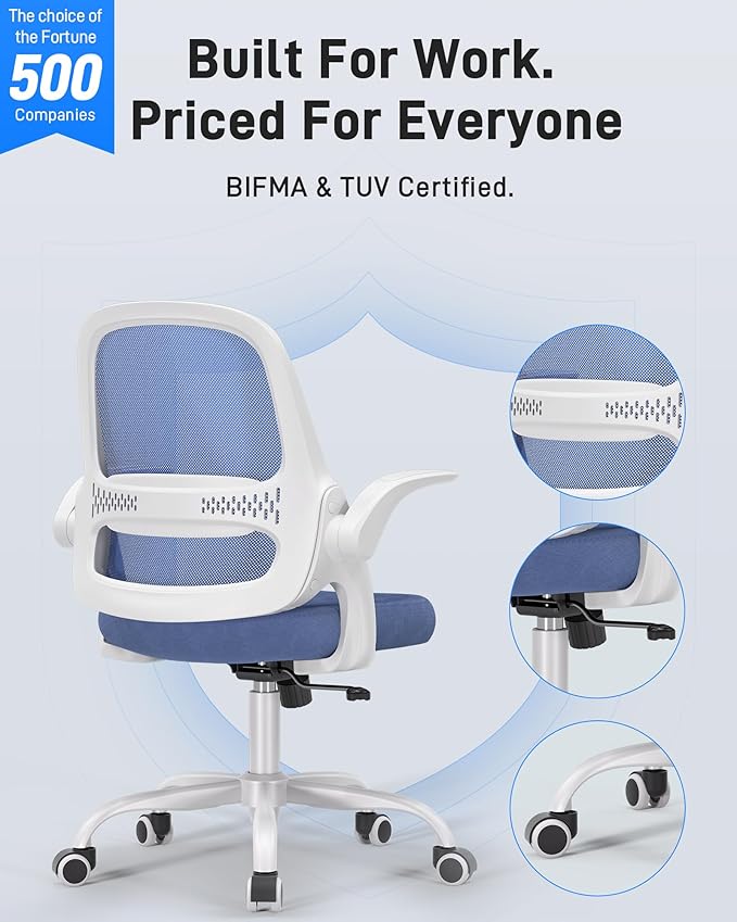 Ergonomic Mesh Office Chair for Home Office, Flip-Up Arms, Breathable Mesh Back & Thick Seat Cushion, Swivel Rolling Computer Desk Chair – BIFMA Certified, Supports 300 lbs (White Frame/Blue Seat)