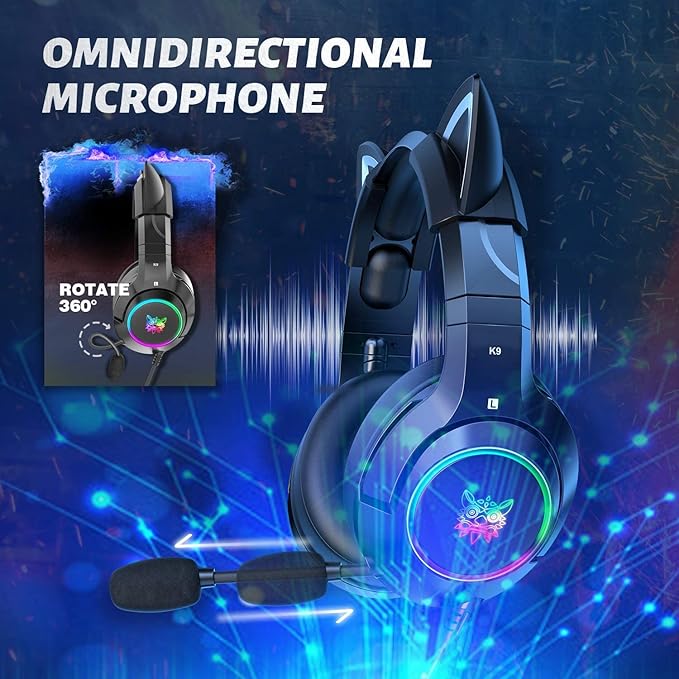 PHNIXGAM Cat Ear Gaming Cute Headset, Wired Headphones with Microphone, Surround Sound, LED Backlight for PS4, PS5, PC, Mobile Phone (Black)