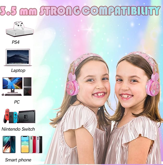 SVYHUOK Unicorn Bluetooth Headphones for Kids Girls, Pink Cat Ear Wireless Headset with Microphone, Safe Volume Limited 85db POM Over-Ear Headset HD with Mic for School/Tablet/Birthday Xmas Gift