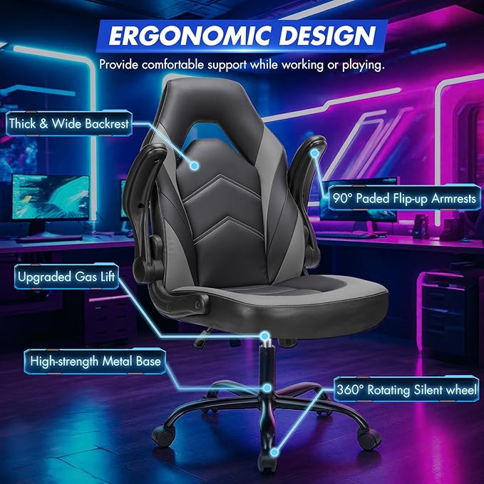 Sweetcrispy Computer Video Game Desk Chair - Ergonomic Comfy Lumbar Support, PU Leather with Flip-up Armrest, Height Adjustable and 360° Swivel, for Adults, Black Grey