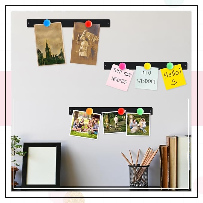 18 Pcs Magnetic Bulletin Board Strips Frameless Stainless Iron Board Strip with Colorful Magnet Self Adhesive Memo Strip for for Office Home Wall Photo (Black)