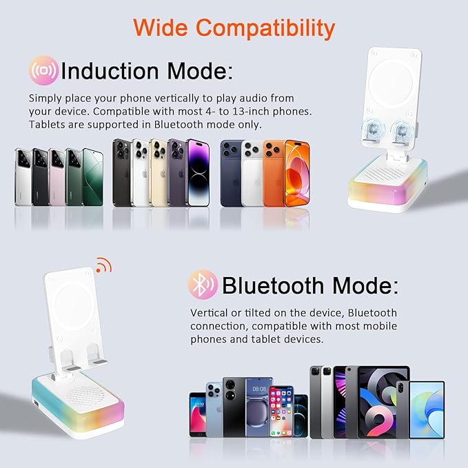 Wireless Induction Bluetooth Speaker with 360° Rotating Phone Stand, 3000mAh Large Battery, 5 in 1 Portable Cell Phone Holder with RGB Light & Emergency Charger, Tech Gifts for Men Women, (White)